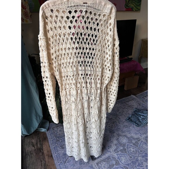 Free People Long Crochet Cardigan Duster Sweater Cream Size Large Boho Festival - Picture 6 of 6